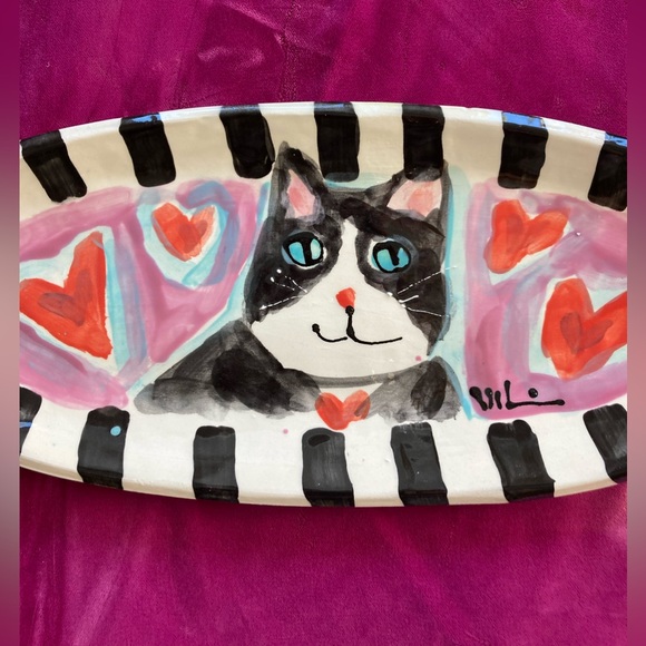 Handmade Ceramic Serving Tray 12.5”x5.5” original design Cat and Heart Design - Picture 3 of 12